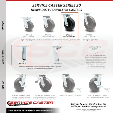 Service Caster 6 Inch Kingpinless Polyolefin Wheel Swivel Caster Swivel 2 Rigid SCC, 2PK SCC-KP30S620-POR-2-R-2